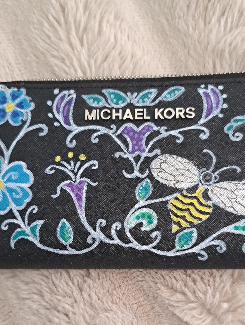 Hand Painted Leather Black Floral & Bee Zip Wallet with Blue and Purple Accents - Picture 8 of 9